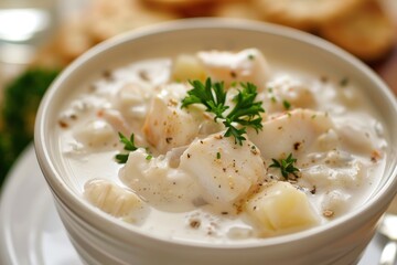 Creamy fish chowder with haddock cod potato onion and parsley served with soda crackers
