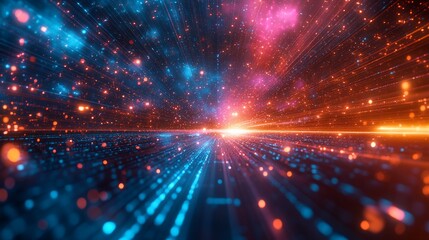 Obraz premium Abstract cosmic landscape with glowing particles and light streaks.