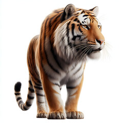 Obraz premium Tiger isolated on a white background, Side view, tiger standing full HD image generated by Ai. full body, realistic, full detail looking at the camera.