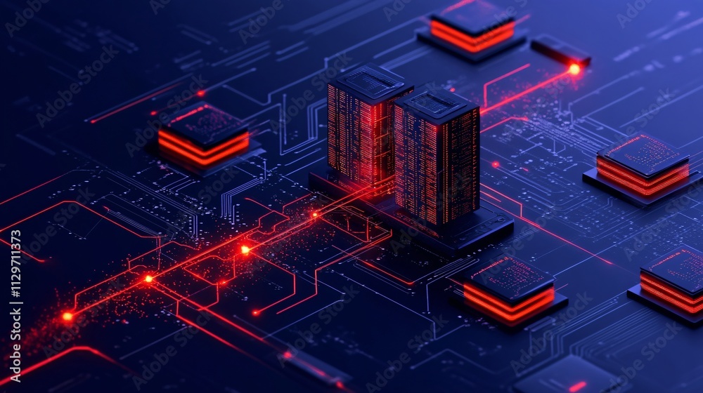 Poster abstract digital technology background featuring a futuristic server rack among glowing circuits and