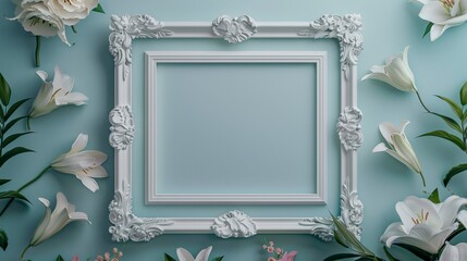 A blank white picture frame with floral carvings in the center surrounded by roses and violets