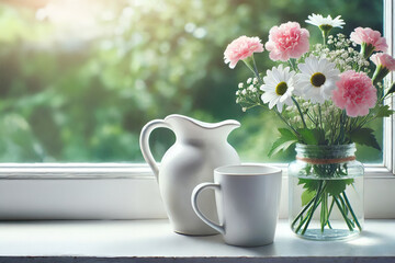 Bouquet of pink and white flowers in ceramic jug on windowsill with pitcher and cup. Bright green leafy background through window. Springtime decor concept for interior and design