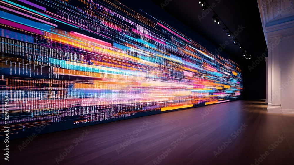 Poster abstract representation of digital data flow with vibrant colors and dynamic lines creating a modern
