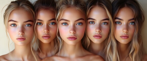 Obraz premium A diverse group of beautiful women with natural beauty and glowing smooth skin. Portrait of many attractive female fashion models with great skincare of all races, tones and style,