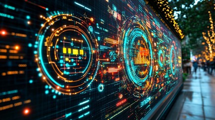 Futuristic digital display with vibrant data visualizations and glowing elements showcasing advanced technology and information in an urban environment at night