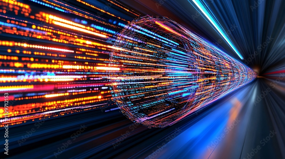 Fototapete Abstract digital tunnel with vibrant light trails showcasing speed and technology, representing data flow and fast communication in a futuristic setting