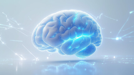 Obraz premium 3D Model of White Brain Floating in Clear Space with Blue Glowing Effects