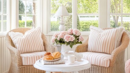 Fototapeta premium Sunlit Patio With Wicker Chairs And Pink Flowers