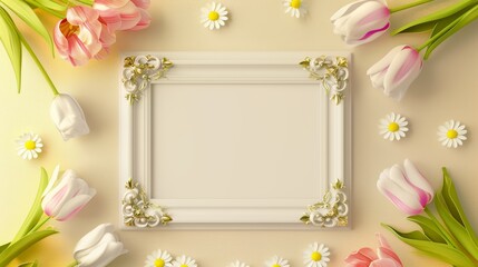A blank white picture frame with gold decorations in the middle surrounded by tulips and daisies