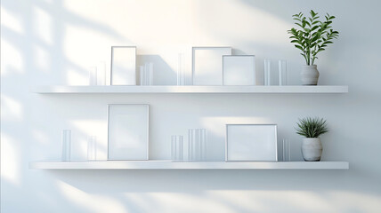 minimalist floating shelves against white wall various acrylic mini frames displayed soft indirect lighting clean modern interior potted plant for accent 169 aspec