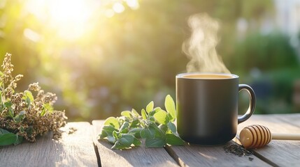 Steaming mug of tea with honey and herbs in a sunny garden.
