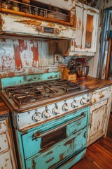 Rustic Turquoise Kitchen Range and Distressed Cabinets