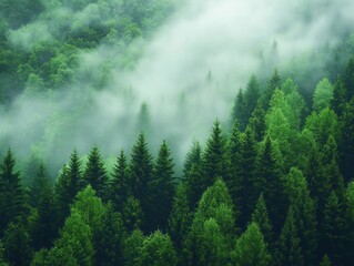 Dense forest filled with rich green trees. Fog blankets area. Trees absorb carbon dioxide. Nature based solution for eco problems. Eco friendly restoration project. Green initiative for healthy