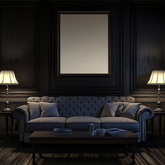 Photo of a dark lit haunted house living room with a dark cabin style A large sofa Large vertical empty photo frame on the wall with 23 aspect ratio