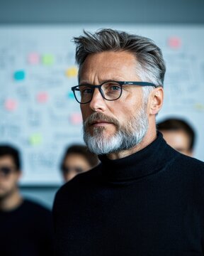 Serious mature man in glasses looking at camera
