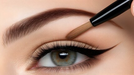 Close-up of a woman's eye with makeup application.  A brush applies eyebrow makeup.