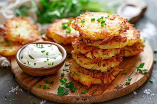 Crispy hash brown potato cakes with white sauce Delicious fried vegetable fritters
