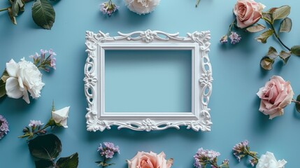 A blank white picture frame with metal cutout designs centered encircled by roses and violets