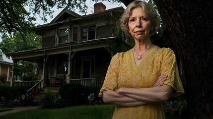 Fototapeta premium Senior woman in yellow dress stands confidently in front of her Victorian house. Image evokes feelings of home, family history, and strength.