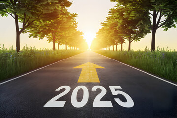 Asphalt road with 2025 and an arrow points toward a vibrant horizon