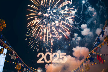 Sparkling 2025 surrounded by fireworks in gold and white against darkness