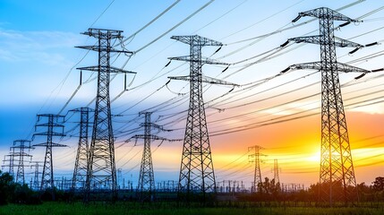 Fototapeta premium Majestic high-voltage power lines at sunset. Silhouetted against a vibrant sky.