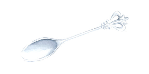 Vintage silver spoon watercolor isolated illustration. Hand drawn old retro metal teaspoon for logotype, kitchen textile, food packaging, recipe, menu and cookbook. Silverware. Antique design element.