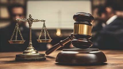 Gavel and scales of justice on wooden table.  Blurred lawyers in background. Concept of law, justice, and legal profession.