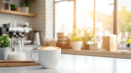 A cozy caf? scene with a latte, milk, and greenery.