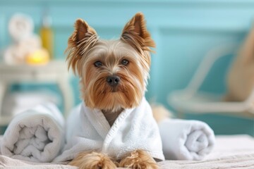 Cute Yorkie in robe relaxing at spa