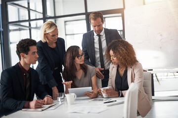 Staff, business people and tablet in office with teamwork, collaboration or coworking in meeting....
