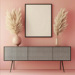 3D rendering of a sideboard with a black and white checkered pattern against a pink wall A large blank poster frame hangs on the wall above it creating an elegant