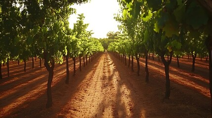 Golden hour sunlight illuminates a picturesque vineyard, rows of grapevines stretching towards a radiant sunset.