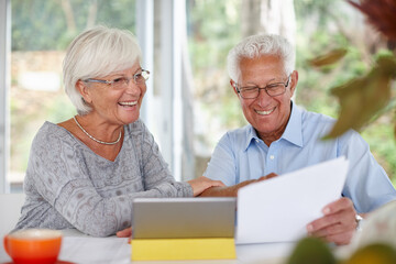 Senior couple, tablet and paperwork for finance with smile for profit, goal or investment growth in home. Elderly man, woman and documents with touchscreen, review or excited for income in retirement