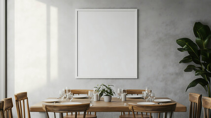 Product Mockup of a white plain frame hanging above a dining table against a natural light gray background The focus is on showcasing the white frame Soft lighting