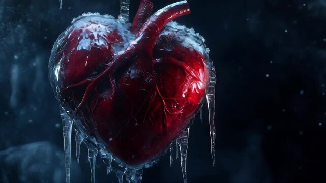 A human heart encased in ice and icicles, symbolizing emotional coldness and heartbreak.. AI Generation
