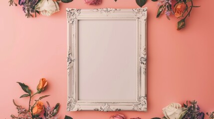 A blank white picture frame with vintage iron border centered encircled by roses and violets