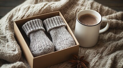 An open gift box with a pair of cozy knitted socks inside, placed next to a mug of hot cocoa and a warm blanket 