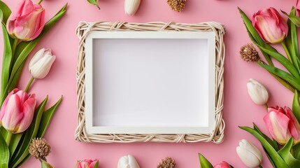 A blank white picture frame with wicker decorations centered encircled by roses and marigolds