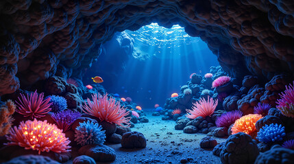Vibrant underwater coral reef in blue ocean cave