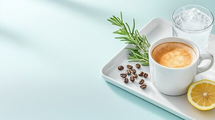 A cozy drink setup with coffee, lemon, herbs, and ice water.