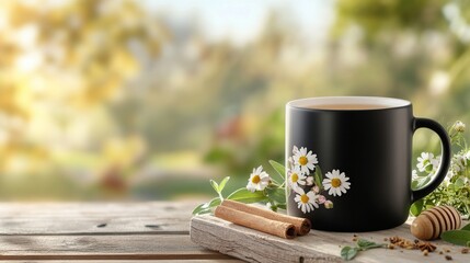 A cozy scene featuring a coffee cup with flowers and cinnamon sticks.