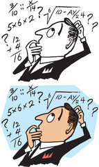 A vintage retro cartoon of a businessman trying to solve a math equation. 