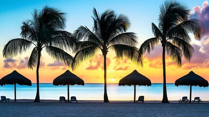 Obraz premium Serene sunset on a tropical beach with palm trees and beach umbrellas. Perfect relaxation scene.