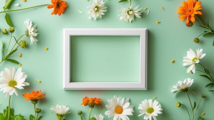 A blank white picture frame with wood-carved textures centered encircled by daisies and marigolds