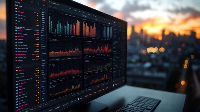 Financial analysis dashboard displayed on a computer screen during sunset over the city skyline
