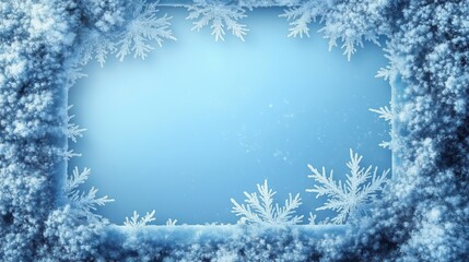 Frosty windowpane design with intricate snowflakes. Abstract winter wonderland scene. Blue background. Perfect for holiday cards, decor. Winter theme. Calm winter atmosphere. Snowy window background.