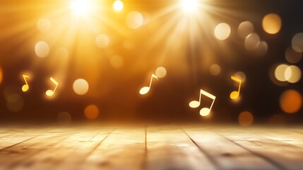 Golden musical notes floating on a stage illuminated by spotlights