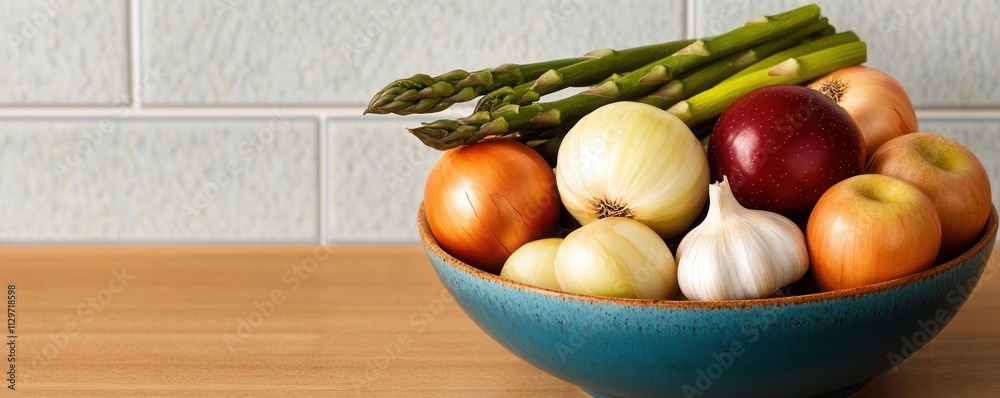 Wall mural A vibrant bowl of prebiotic foods such as garlic, onions, asparagus, and apples, styled on a wooden countertop with natural lighting