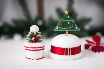 Festive Miniature Christmas Scene: Whimsical Holiday Decorations on a Snowy Background